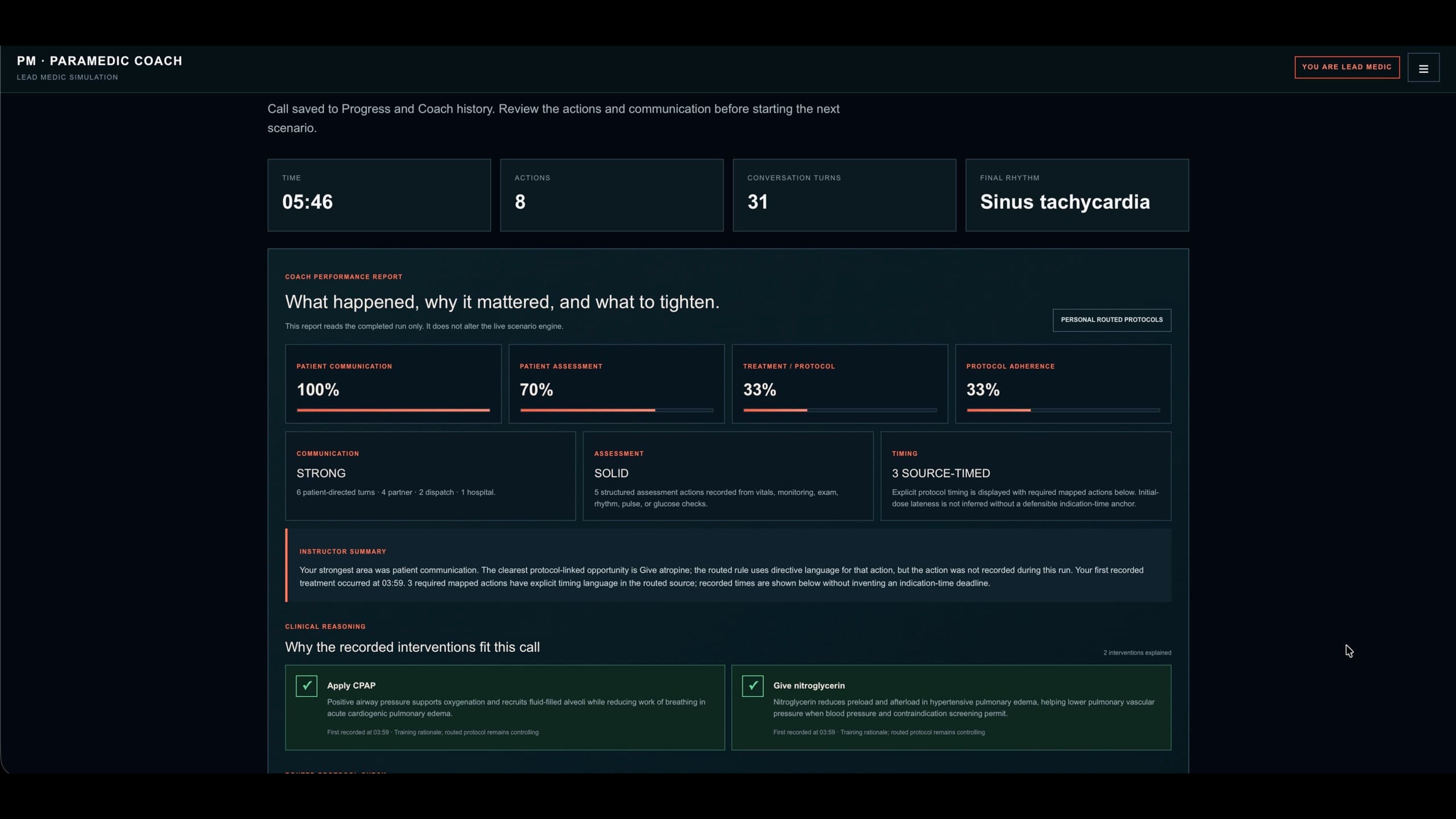Protocol Master Coach performance report with assessment treatment and protocol feedback